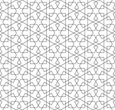 Geleneksel Arap sanatına dayalı kusursuz geometrik süs. Siyah çizgiler ve beyaz arkaplan. Kumaş, tekstil, kapak, ambalaj kağıdı, arka plan için harika tasarım..