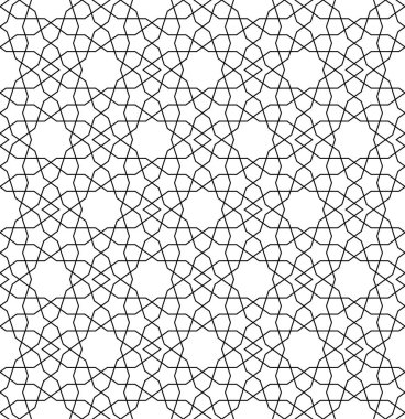 Geleneksel Arap sanatına dayanan kusursuz geometrik süs. Müslüman mozaiği. Siyah beyaz çizgiler. Kumaş, tekstil, kapak, ambalaj kağıdı, arka plan, lazer kesme için harika tasarım..