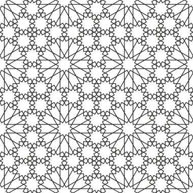 Geleneksel Arap sanatına dayalı kusursuz geometrik süsleme. Siyah çizgiler ve beyaz arkaplan. Kumaş, tekstil, kaplama, ambalaj kağıdı, arka plan için harika tasarım..