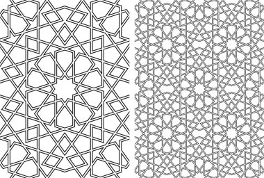 Geleneksel İslam sanatına dayalı kusursuz geometrik süsleme. Siyah ve beyaz çizgiler. Kumaş, tekstil, kapak, ambalaj kağıdı, arka plan, lazer kesme..