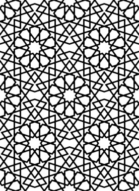 Geleneksel İslami sanata dayalı kusursuz geometrik süsleme. Siyah beyaz çizgiler. Kumaş, tekstil, kapak, ambalaj kağıdı, arka plan, lazer kesme için harika tasarım..