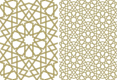 Geleneksel İslami sanata dayalı kusursuz geometrik süsleme. Kahverengi çizgiler. Tek desenli ve 2x2 desenli..