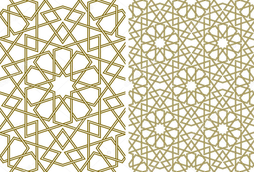 Seamless geometric ornament based on traditional islamic art.Brown color lines.Set single pattern and 2x2 pattern.Thick whicker lines.