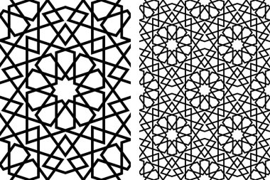 Geleneksel İslami sanata dayalı kusursuz geometrik süsleme. Siyah çizgiler. Kumaş, tekstil, kapak, ambalaj kağıdı, arka plan, lazer kesme için harika tasarım..