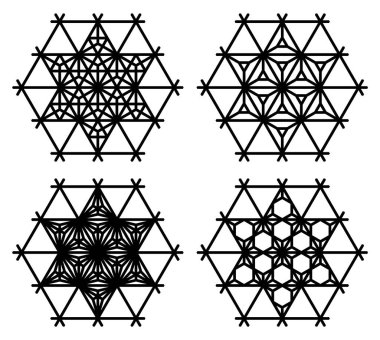 Kumiko zaiku tarzında dört Japon deseni. Hexagon çerçevesi. Siyah renkli çizgiler..