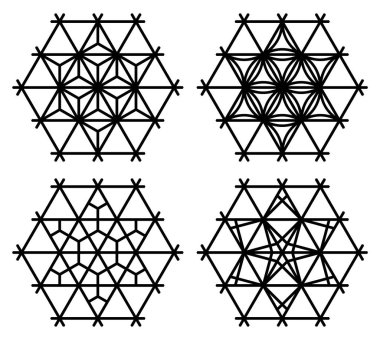 Kumiko zaiku tarzında dört Japon deseni. Hexagon çerçevesi. Siyah renkli çizgiler..