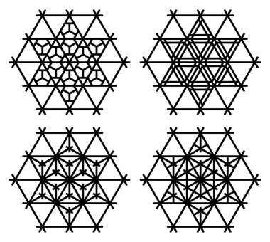Kumiko zaiku tarzında dört Japon deseni. Hexagon çerçevesi. Siyah renkli çizgiler..
