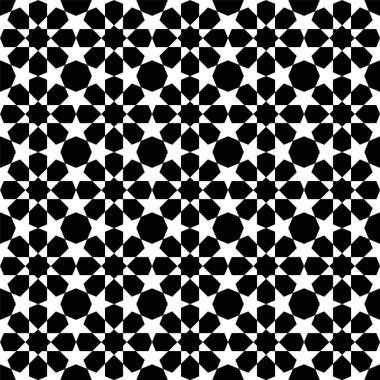 Geleneksel İslami sanat eserine dayanan kusursuz geometrik süs. Beyaz arka planda siyah figürler. Kumaş, tekstil, kapak, ambalaj kağıdı, arka plan için harika tasarım..