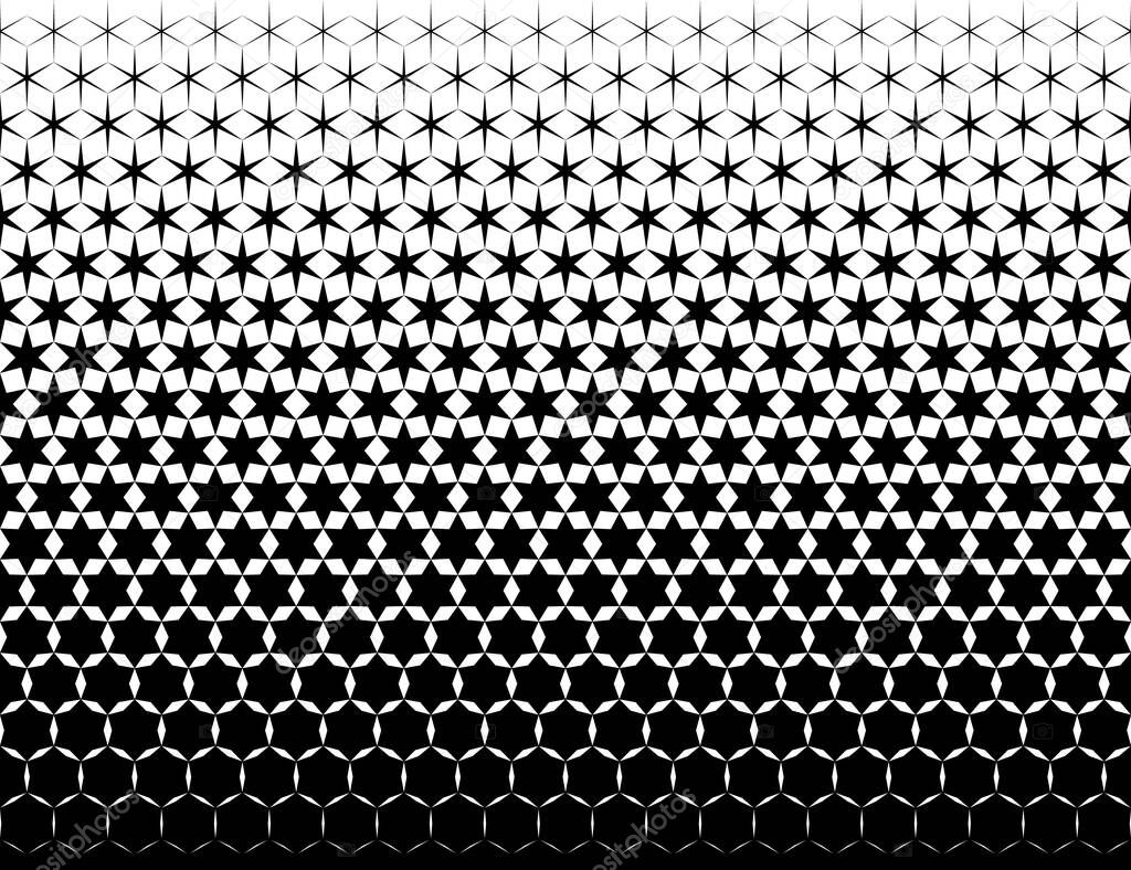 Geometric pattern of black hexagones and stars on a white background. Seamless in one direction. Option with a middle fade out.19 figures in height.