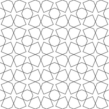 Geleneksel İslami sanat eserine dayanan kusursuz geometrik süsleme. Siyah beyaz çizgiler. Kumaş, tekstil, kapak, ambalaj kağıdı, arka plan, lazer kesme için harika tasarım..