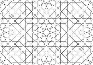 Geleneksel İslami sanata dayalı kusursuz geometrik süsleme. Ortalama kalınlığı Siyah çizgiler. Kumaş, tekstil, kapak, ambalaj kağıdı, arka plan, lazer kesimi için harika tasarım..