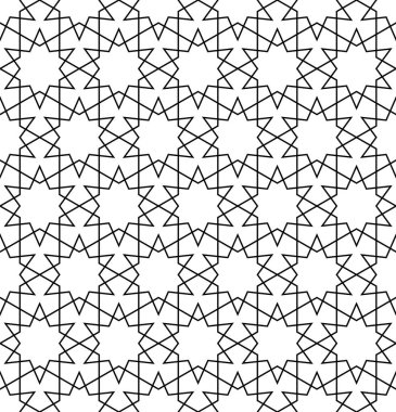Geleneksel İslami sanata dayalı kusursuz geometrik süsleme. Ortalama kalınlığı Siyah çizgiler. Kumaş, tekstil, kapak, ambalaj kağıdı, arka plan, lazer kesimi için harika tasarım..