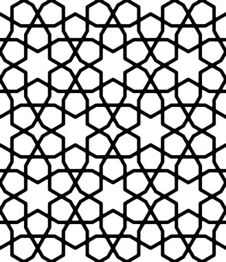 Geleneksel İslami sanata dayalı kusursuz geometrik süsleme. Kalın siyah çizgiler. Kumaş, tekstil, kapak, ambalaj kağıdı, arka plan, lazer kesme için harika tasarım..