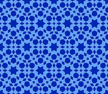 Geleneksel İslami sanata dayanan kusursuz geometrik süs. Kumaş, tekstil, kapak, ambalaj kağıdı, arkaplan için harika bir tasarım. Mavi renkler..
