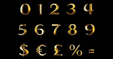 Vintage sarı altın metalik sayısal harfleri doları, yüzde, sembol serisi işaret metni siyah arka plan üzerine, altın lüks sayı dekorasyon metin kavramı kelime.