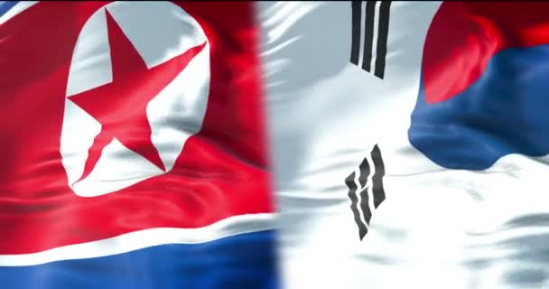 朝鲜一半国旗和一半韩国国旗 挥舞旗帜运动 危机状态外交和北朝鲜核原子弹风险战争概念 — 图库视频影像