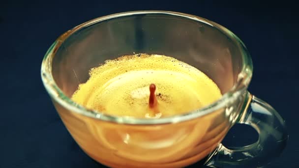Kaffe Släpp Faller Slow Motion Insidan Genomskinliga Kopp Espresso Italienskt — Stockvideo