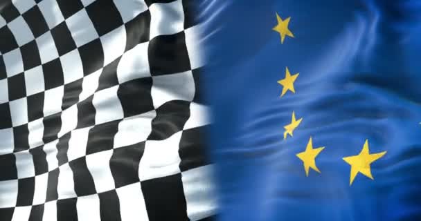 Halva Flaggor Rutig Flagga Avsluta Race Och Halva Europeiska Unionens — Stockvideo