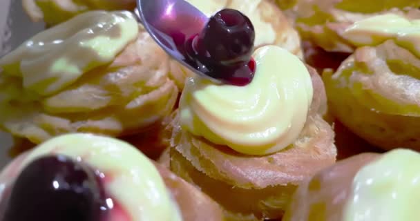 Woman Prepares Delicious Cream Desserts Called Zeppole Joseph Use Spoon — Stock Video