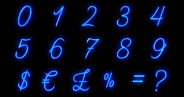 Kapat, sorunsuz döngü hazır, neon mavi yazı tipi alfabe Sayı sayısal kelime metin serisi sembolü işareti siyah arka plan üzerine, neon sayısal dekorasyon metin reklam için açmak