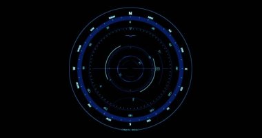 Pusula head-up görüntüler hareketi sorunsuz döngü ile Kuzey ve Güney gösterge siyah arka plan üzerine, gezinti için teknoloji kavramı