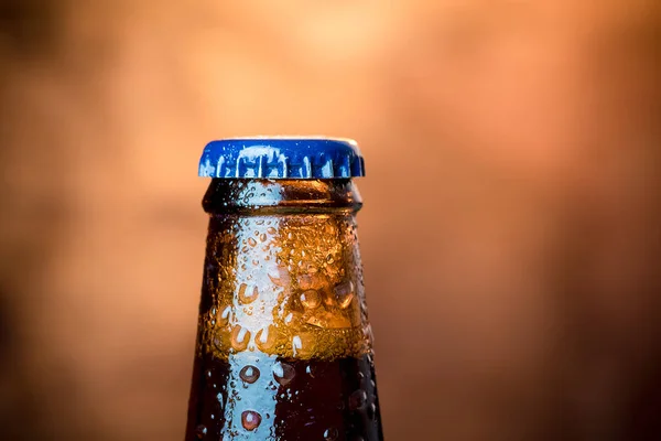 Detail Čerstvé Vychlazené Pivo Pivo Jednu Láhev Kapkami Zátkou Teplé — Stock fotografie