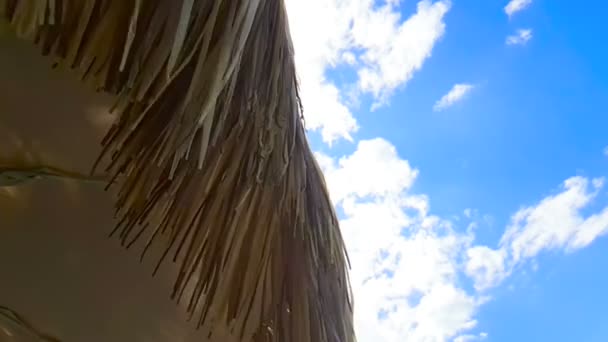Sombrilla Playa Paja Bajo Cielo Azul Movimiento Cámara Lenta Viento — Vídeo de stock