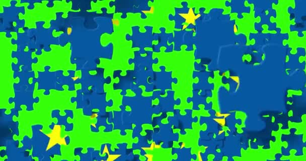 modrá Evropské unie Eu vlajka puzzle s dílky padají na chroma key zelená obrazovka pozadí, Hlasujte pro opuštění konceptu Evropa, alfa