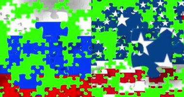 Amerika Birleşik Devletleri ve yarı Rus bayrağı bulmaca adet arka plan chroma anahtar yeşil ekran arka plan, ABD Amerika ve Rusya Federasyonu arasında kriz üzerine düşme ile yarım bayrakları