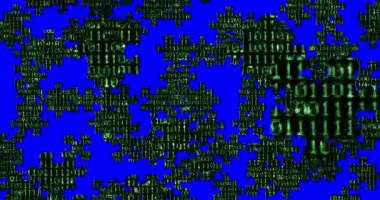 Sıfır ve bir yeşil ikili dijital kod, bulmaca adet arka plan bilgisayar chroma anahtar mavi ekran arka planda, düşme ile