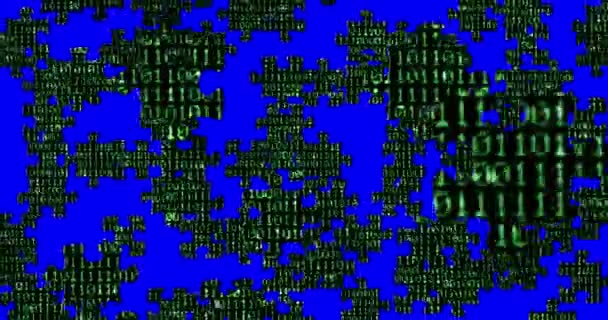 zéro et un code numérique binaire vert, avec des pièces de puzzle fond tombant vers le bas sur fond d'écran bleu chroma clé, ordinateur 