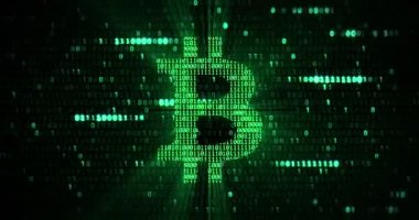sanal yeşil bitcoin sembol yeşil matris arka plan, Alfa ile yeni iş finansal risk kavramı üzerinde'deki kripto dijital para