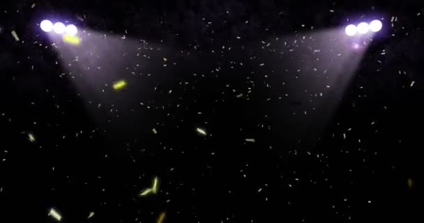Gouden Metallic Glitter Confetti Van Folie Met Podium Lichtshow Animatie — Stockvideo