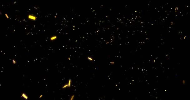 Gouden Metallic Glitter Folie Confetti Vallen Animatie Beweging Zwarte Achtergrond — Stockvideo