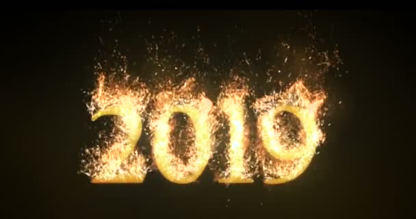 燃烧2019年火字文本与火焰和烟与灰上升在黑色背景与 Alpha 节日快乐新年的概念 — 图库视频影像