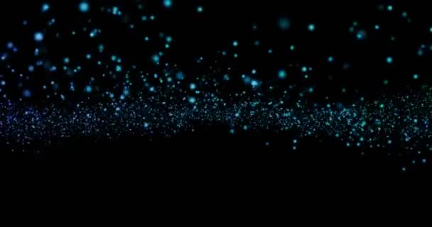 Kerst blauw licht schijnen stroomt in horizon deeltjes bokeh loop bare op zwarte achtergrond, vakantie felicatie groet partij — Stockvideo