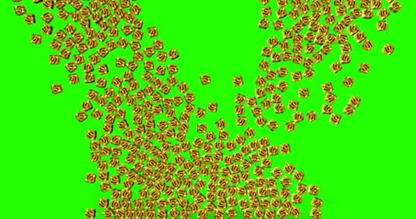 Dólar, um monte de dados de ouro com símbolo de moeda dólar no rosto caindo na tela verde chave chroma e preencher a tela — Vídeo de Stock