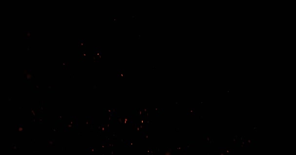 Chispas de fuego de fogata con ceniza sobre fondo negro, explosión de peligro — Vídeos de Stock