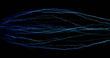 soyut çizgiler hareketi dijital parıltı lı mavi parçacıklar mavi arka planda akan elektrik şekli, yeni teknoloji