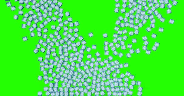 Parede de um monte de cubos de gelo símbolo caindo na tela verde chave chroma e preencher o fundo da tela, conceito de refresco — Vídeo de Stock