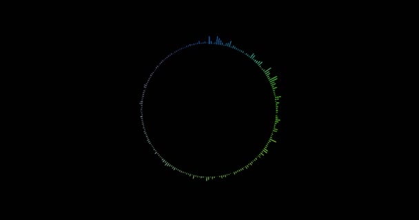 Blå cirkel digital equalizer audio lydbølger på sort baggrund, stereo lydeffekt signal med lodret – Stock-video
