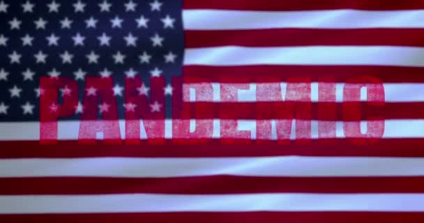 Red word pandemic on usa flag background, coronavirus cells covid-19 influenza as dangerous flu strain cases as a pandemic — Stock Video