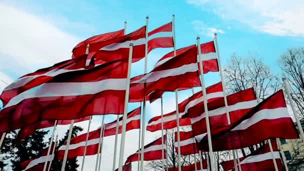 Латышские флаги, прикрепленные к полюсу, машущему ветром, горизонт Риги, Латвия, концепция — стоковое видео