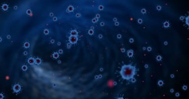 3D canlandırma, mavi koronavirüs hücreleri covid-19 influenza soyut mavi arka planda akan kırmızı hücreler tehlikeli