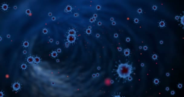 Анимация 3D рендеринга, голубые коронавирусные клетки ковид-19 гриппа течет на абстрактном синем фоне с красными клетками, как опасный — стоковое видео