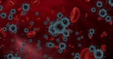 3 boyutlu animasyon, koronavirüs ve kan hücreleri arter arka planda akan covid-19 influenza tehlikeli grip virüsü vakaları olarak gösterilir.