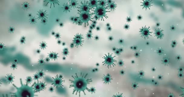 3D-візуалізація анімації, світло-зелені коронавірусні клітини ковідо-19 грип, що тече на абстрактному зеленому фоні з білими клітинами як — стокове відео