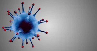 3D canlandırma, mavi koronavirüs hücreleri covid-19 influenza gri gradyan arkaplan ve krom anahtar yeşil ekran üzerinde akan