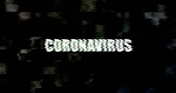 Слово глюк коронавирус на фоне искажения глюка, коронавирусные клетки covid-19 гриппа, как опасные случаи штамма гриппа, как — стоковое видео