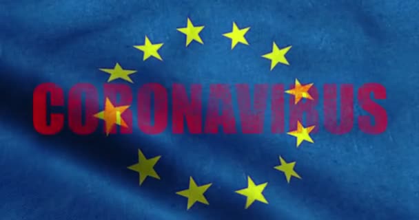 Κόκκινη λέξη coronavirus στο φόντο της σημαίας της Ευρώπης, τα κύτταρα του ιού του ευρώ coronavirus covid-19 ως επικίνδυνα κρούσματα στελέχους γρίπης ως — Αρχείο Βίντεο